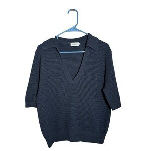 The Reset Label Blue-Gray Cotton Linen Sweater Polo LG Textured Knit Workwear